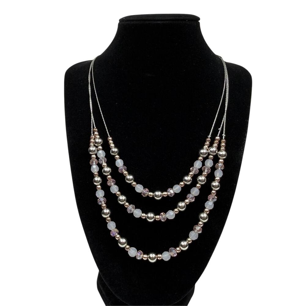 NY Silver Tone Multi-Strand Statement Beaded Necklace Pink White Jewelry 18in